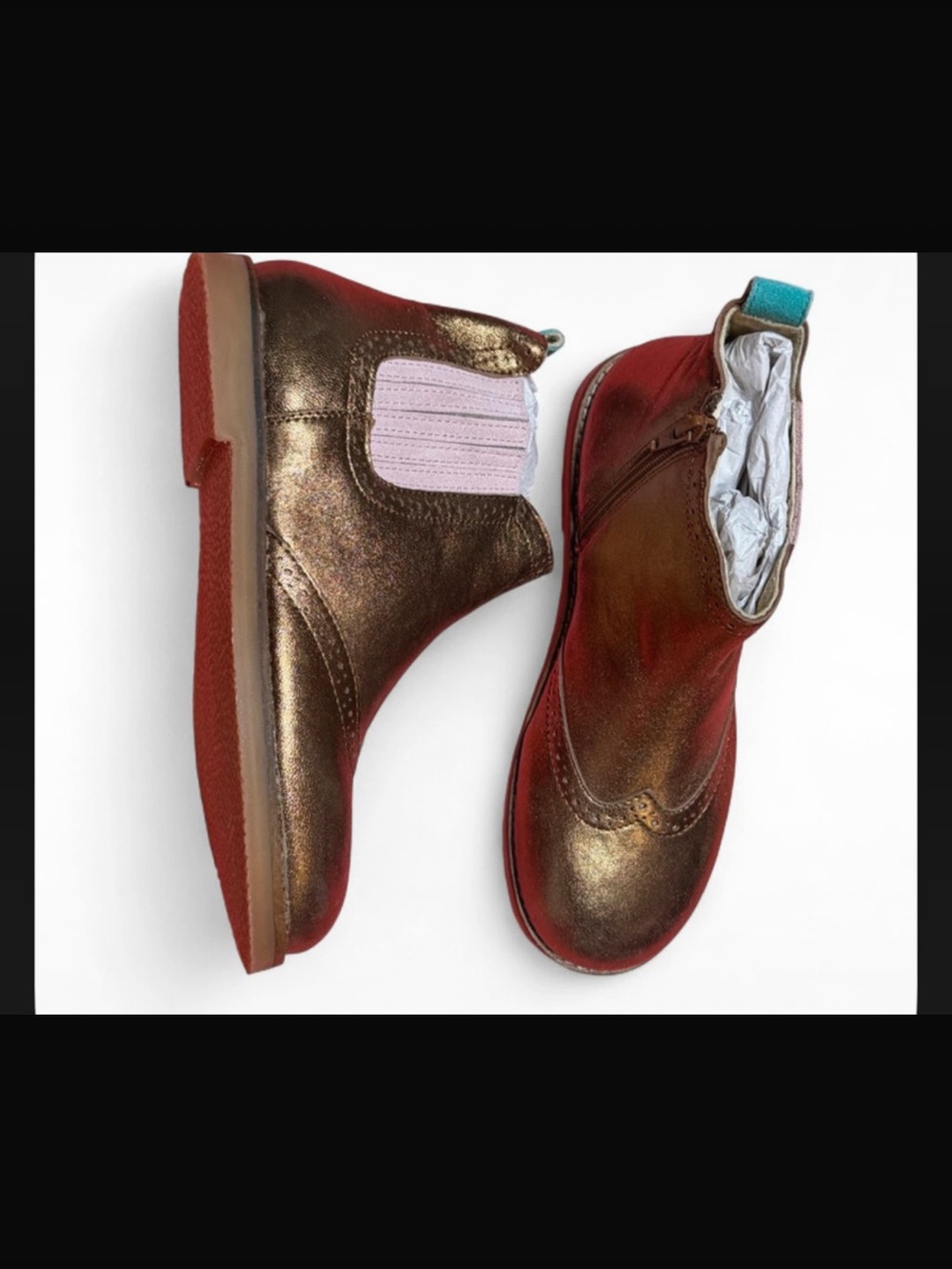 Mini Boden Metallic Bronze Chelsea Boots with Pink Elastic